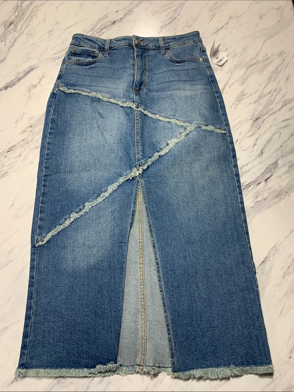 Frayed-Trim Blue Denim Maxi Skirt with Front Slit